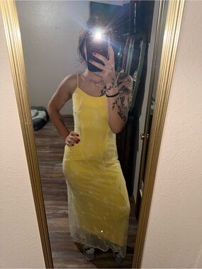 Butter Yellow Floral Embroidered Beaded Maxi Slip Dress with Spaghetti Straps